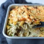 Creamy Pesto Pasta Chicken Bake with Peas - Pesto, chicken, noodles and more in this simple weeknight dinner! Perfect for leftover chicken! - ProjectMealPlan.com